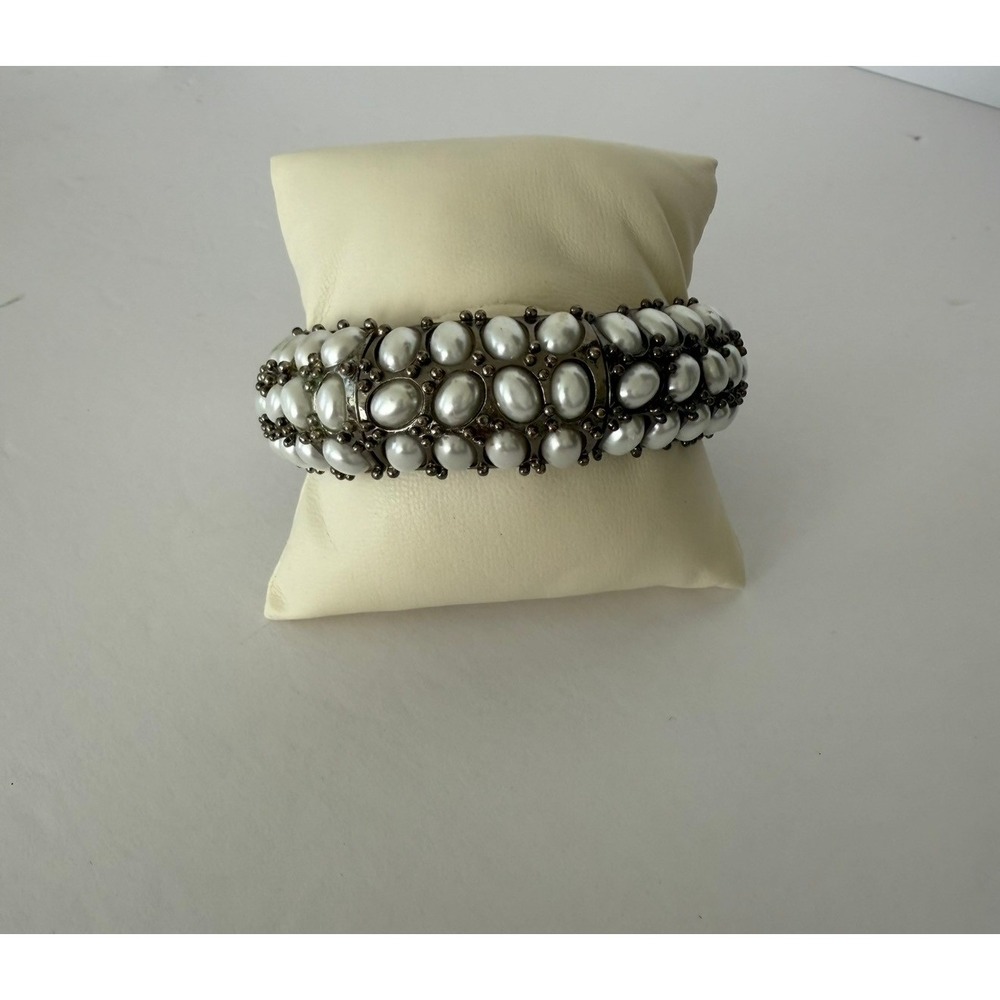Vintage Style Faux Pearl Stretch Bracelet Gunmetal Tone 3 Row Statement Wide